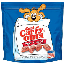 Beef-flavor dog treat bag with cartoon mascot and red logo