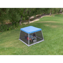 Slant-leg canopy with dark gray mesh walls and a blue fabric roof