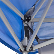 Canopy frame corner with blue fabric roof and adjustable fastening straps