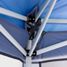 Canopy frame joint with black clamps and fabric tie straps