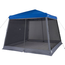 Gray mesh side panels for a slant-leg canopy with open front