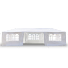 White pop-up canopy tent with removable sidewalls and four windowed panels