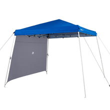 Slant-leg canopy with gray side panel and blue roof, open entry