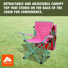 Kids canopy chair in pink with green frame, angled view with rear canopy supports