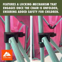 Kids canopy chair locking mechanism, black latch on teal frame with pink fabric.