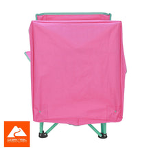 Kids canopy chair back panel, pink fabric cover with teal legs and foot caps.