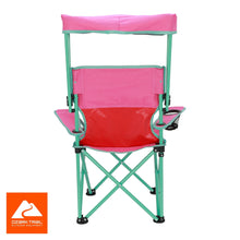 Kids canopy chair side view, pink canopy and seat, teal folding frame with pockets.