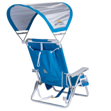 Sunshade reclining beach chair with blue fabric seat, canopy, and side pockets on frame