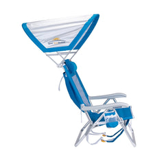 Reclining beach chair with sunshade canopy, blue carry pouch, and adjustable leg positions