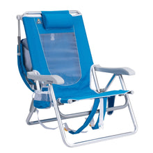 Blue sunshade reclining beach chair with canopy, padded armrests, and front support bar