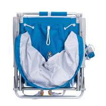 Back view of blue sunshade reclining beach chair with storage net and hanging pouches