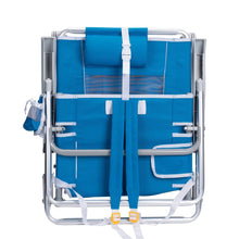 Front-facing view of blue sunshade reclining beach chair with strap details and side organizers