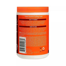 Cantu coconut curling cream jar back label with orange cap and white barcode panel.
