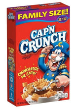 Cap'n Crunch cereal box, Family Size 22.1oz, red with character holding crackers