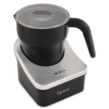 Capresso Automatic Milk Frother with black frothing pitcher and clear lid on base
