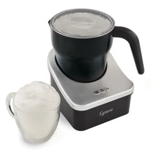Capresso Automatic Milk Frother base with black frothing pitcher and clear lid