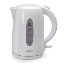 Capresso electric water kettle in white with water level markings and handle