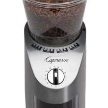 Conical burr coffee grinder front panel with grind selector and bean hopper