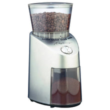 Conical burr coffee grinder with clear bean hopper and adjustable grind dial