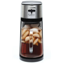 Stainless iced tea maker with glass carafe, black base, and central serving handle