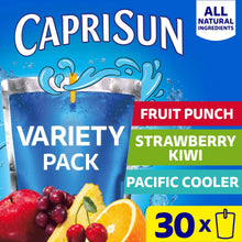 Capri Sun variety pack box: fruit punch, strawberry kiwi, pacific cooler, 30 pouches