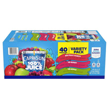 Capri Sun 100% juice variety pack carton, 40-count with colorful fruit pouch artwork