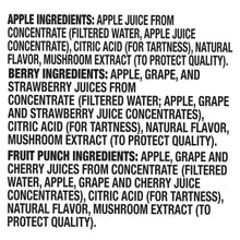 Juice ingredients label: apple, grape, berry, and fruit punch flavors