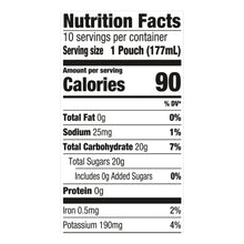 Capri Sun nutrition facts label for 1 pouch, 90 calories, 20g carbs, 0g protein