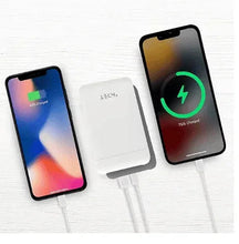 Two power banks charging phones via USB-C and USB-A ports