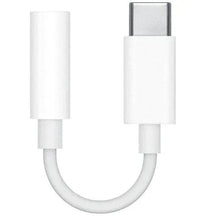 White Apple USB-C to 3.5mm audio jack adapter with cable loop, USB-C plug and 3.5mm jack