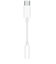 White USB-C to 3.5mm audio jack adapter cable, USB-C plug and 3.5mm jack