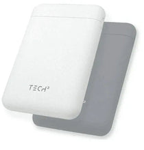 Power banks in white and dark gray, stacked