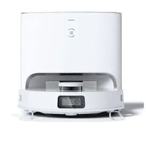 White robot vacuum and mop front view with docking base and camera sensor