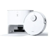 White robot vacuum and mop docked, circular front and display panel