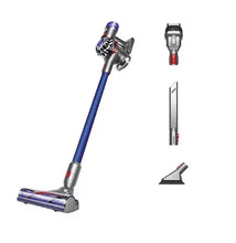 Cordless stick vacuum cleaner with blue wand, floor head, and tool attachments
