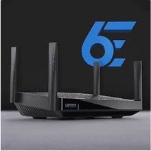 Black Linksys mesh WiFi router with four antennas on base.