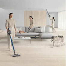Cordless stick vacuum cleaner with blue wand and floor nozzle for handheld use
