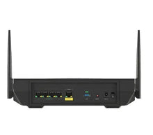 Black router rear panel with four antennas and multiple Ethernet/USB ports.