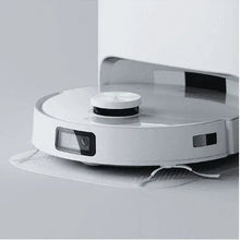 White robot vacuum and mop top with control screen and status buttons
