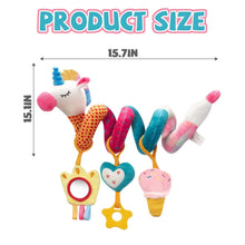Plush hanging baby toy set displayed for size, with unicorn and ice-cream rattle