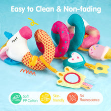 Plush hanging baby toy pieces with unicorn, cupcake, and colorful teether rings