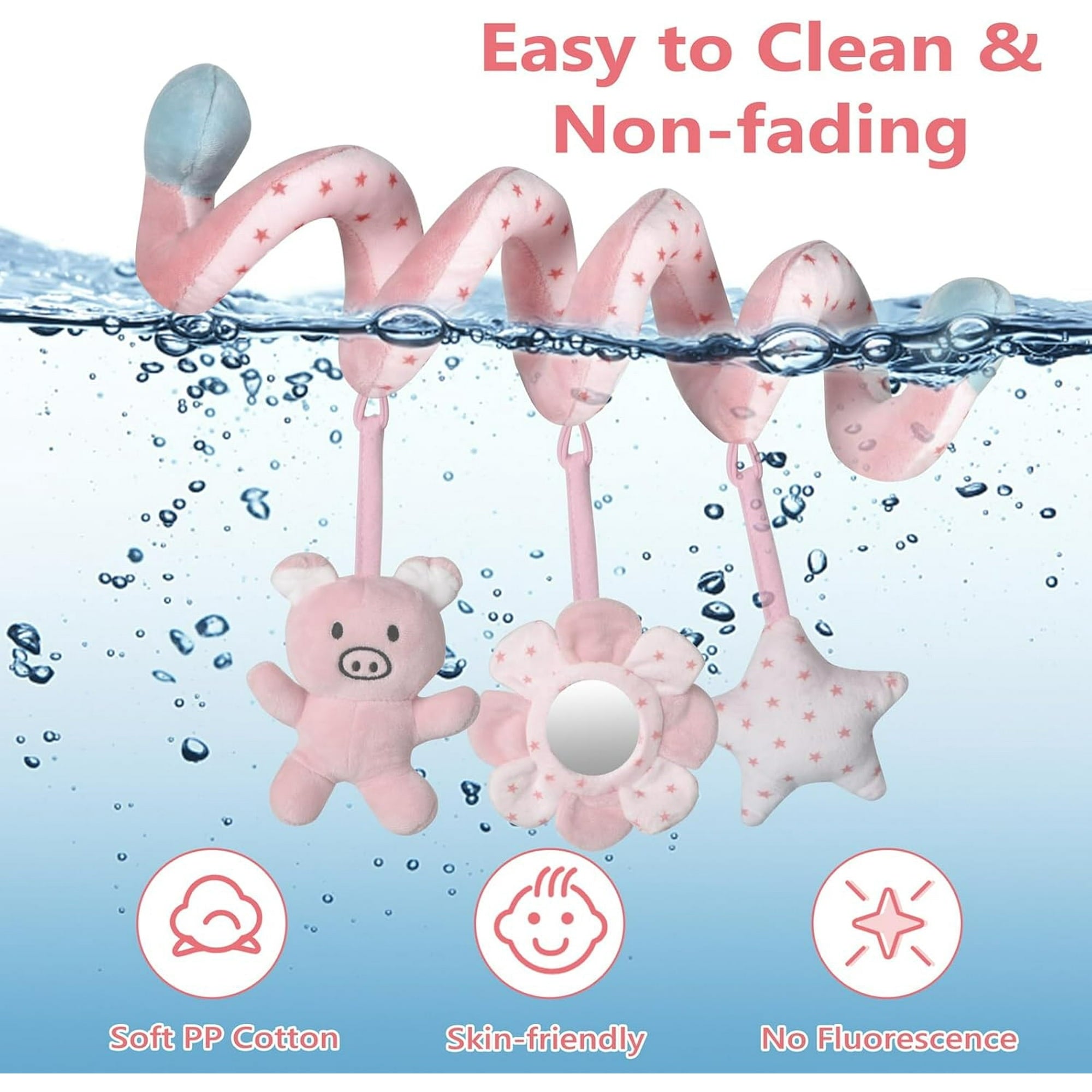 Car Seat Toys for Baby 0-6 Months, Pink Piggy Spiral Plush Toy for Crib Carseat with Mirror Rattles Baby Essentials