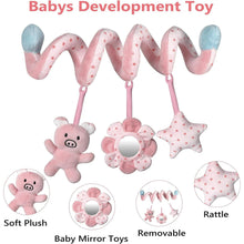 Pink plush baby development toy: pig, flower mirror ring, and star rattle