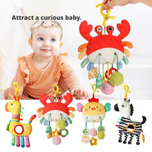 Crab plush baby stroller toy with dangling bell, mirror ring, and textured rattle balls
