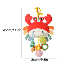 Red crab plush hanging baby activity toy with size dimensions shown (24cm x 45cm)