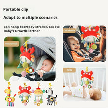 Crab hanging baby stroller/car toy with clips and multiple dangling textured accessories