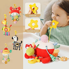 Soft crab activity toy with textured stars, rings, and hanging rattles for baby play