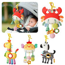 Crab plush stroller toy with bell, crinkle beads, rattles, and ring mirror attachments
