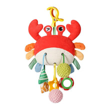 Red crab plush baby car seat toy with dangling bell, mirror ring, and crinkle balls