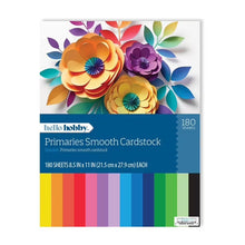 Hello Hobby primaries smooth cardstock pack, 180 sheets, 8.5x11 in, front with color stripes